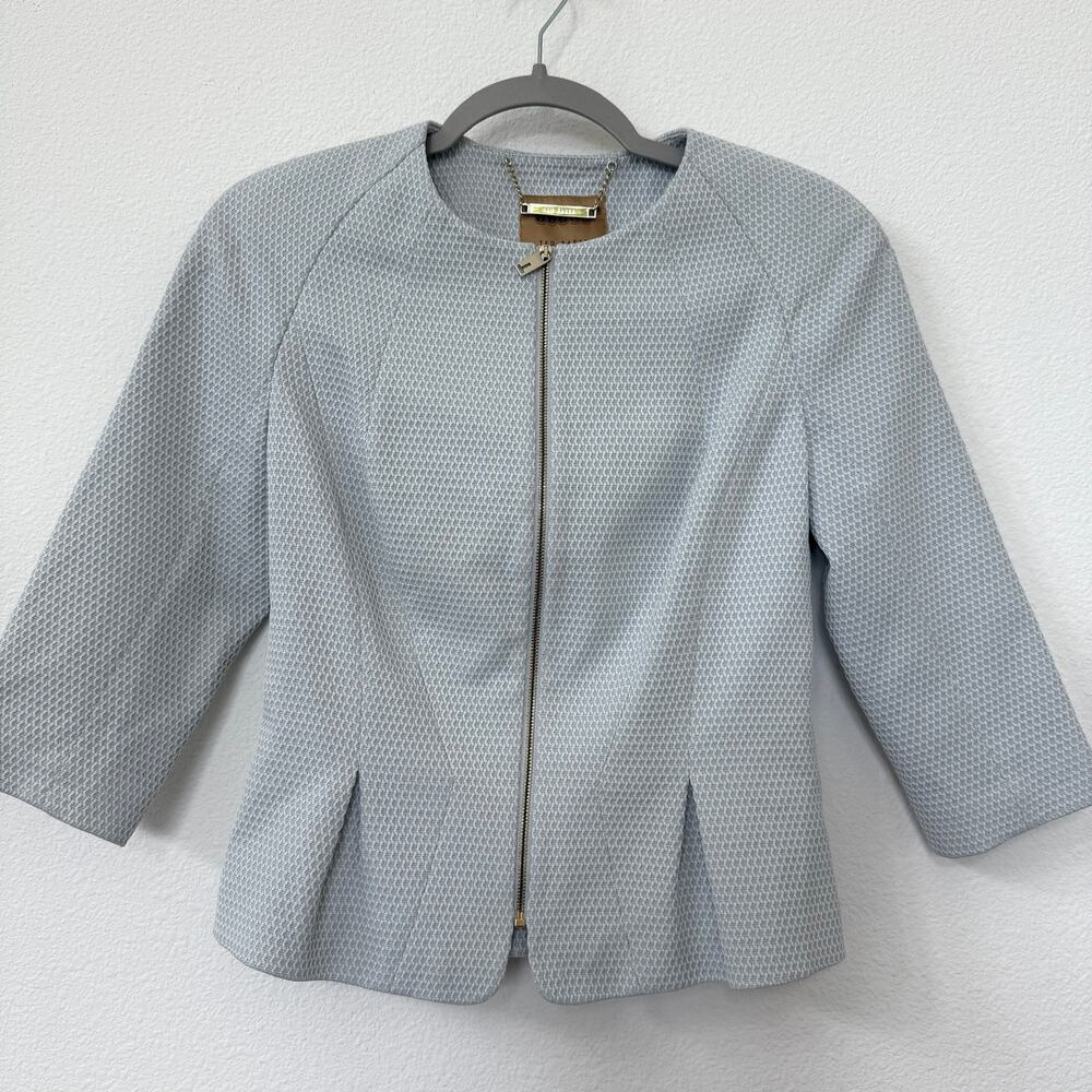 TED BAKER Working Title Textured Zip Jacket Light Blue Cropped 3/4 Sleeve Size 1